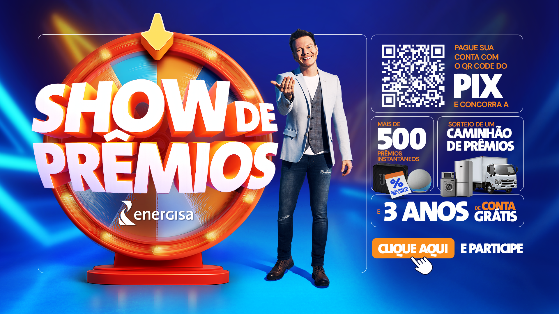 Promoção Show de Prêmios da Energisa. Pague sua conta com o QR Code do PIX e concorra a mais de 500 prêmios instantâneos, sorteio de um caminhão de prêmios e 3 anos de conta grátis. Clique aqui e participe para concorrer aos prêmios!